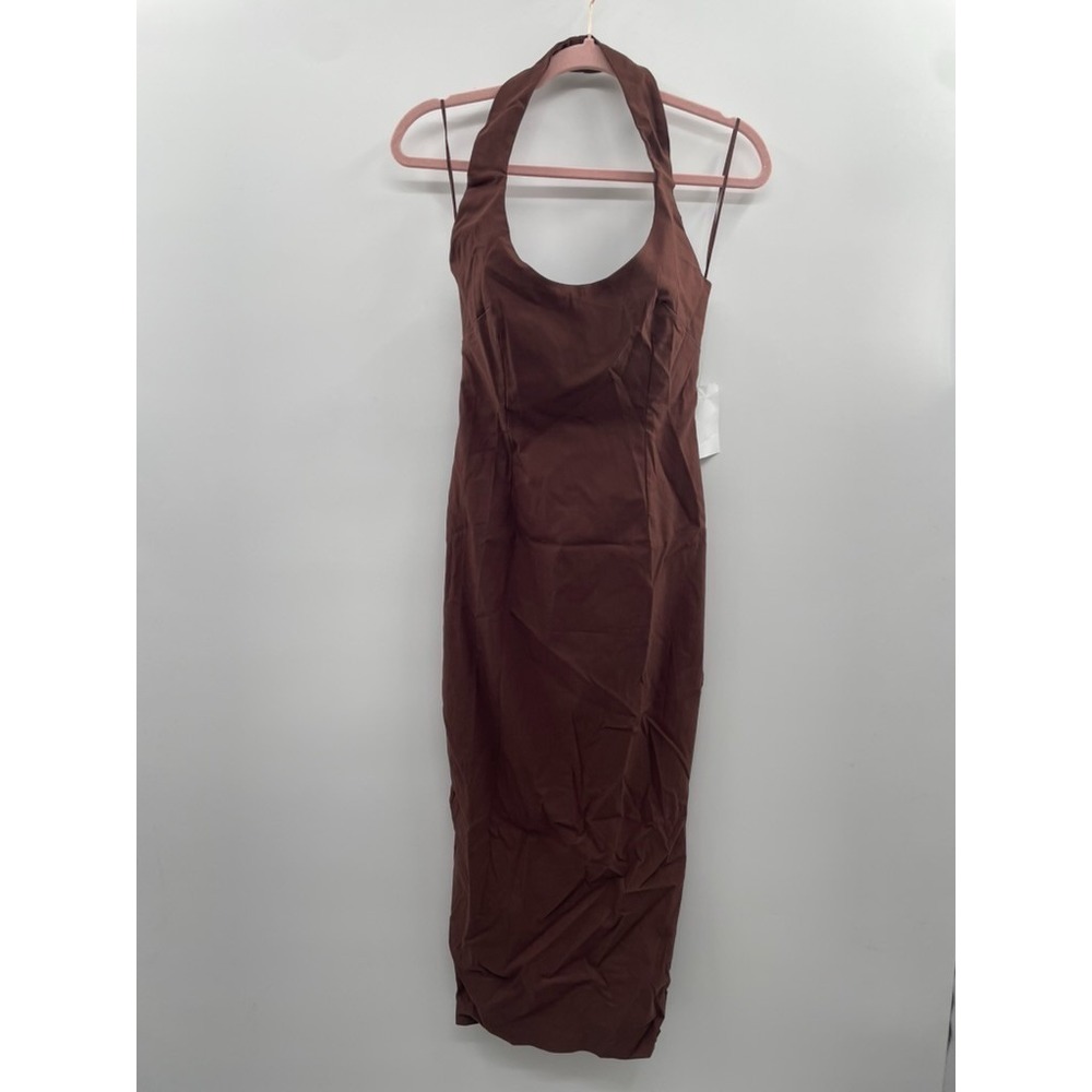 NWT Vesper Halter Neck Midi Dress Women's 10‎ Brown 1/2 Zip Summer Party Classic